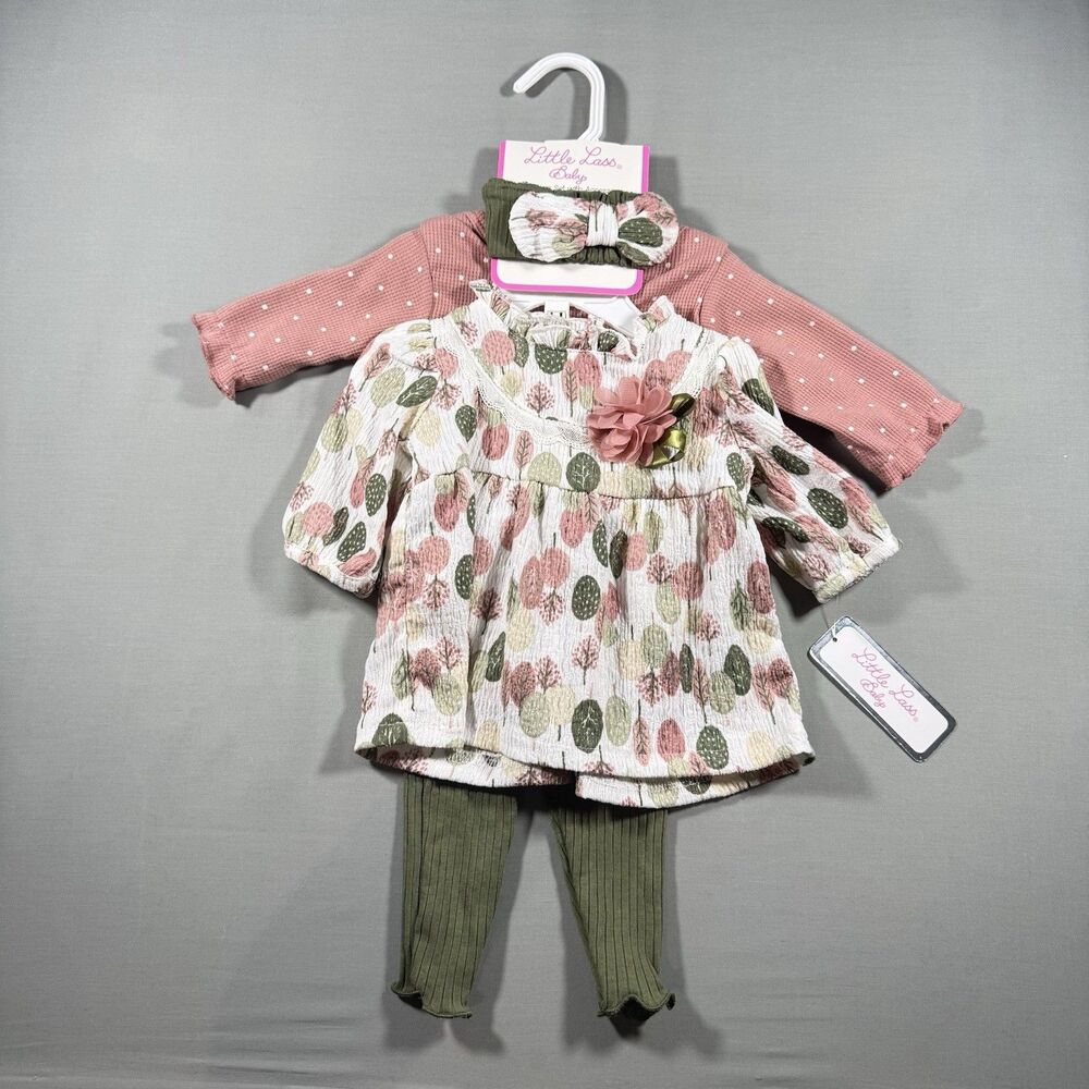 NWT Little Lass BabyGirls Size 0-3m Floral Outfit 3 Piece Set With Accessory